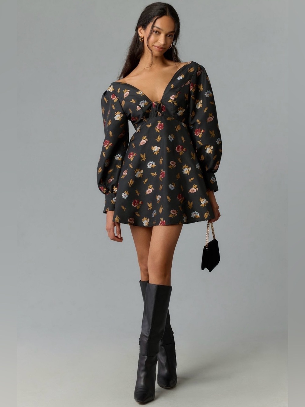 Maeve NWT Sculpted V-Neck A-Line Mini Dress Long Sleeve Floral Anthropologie